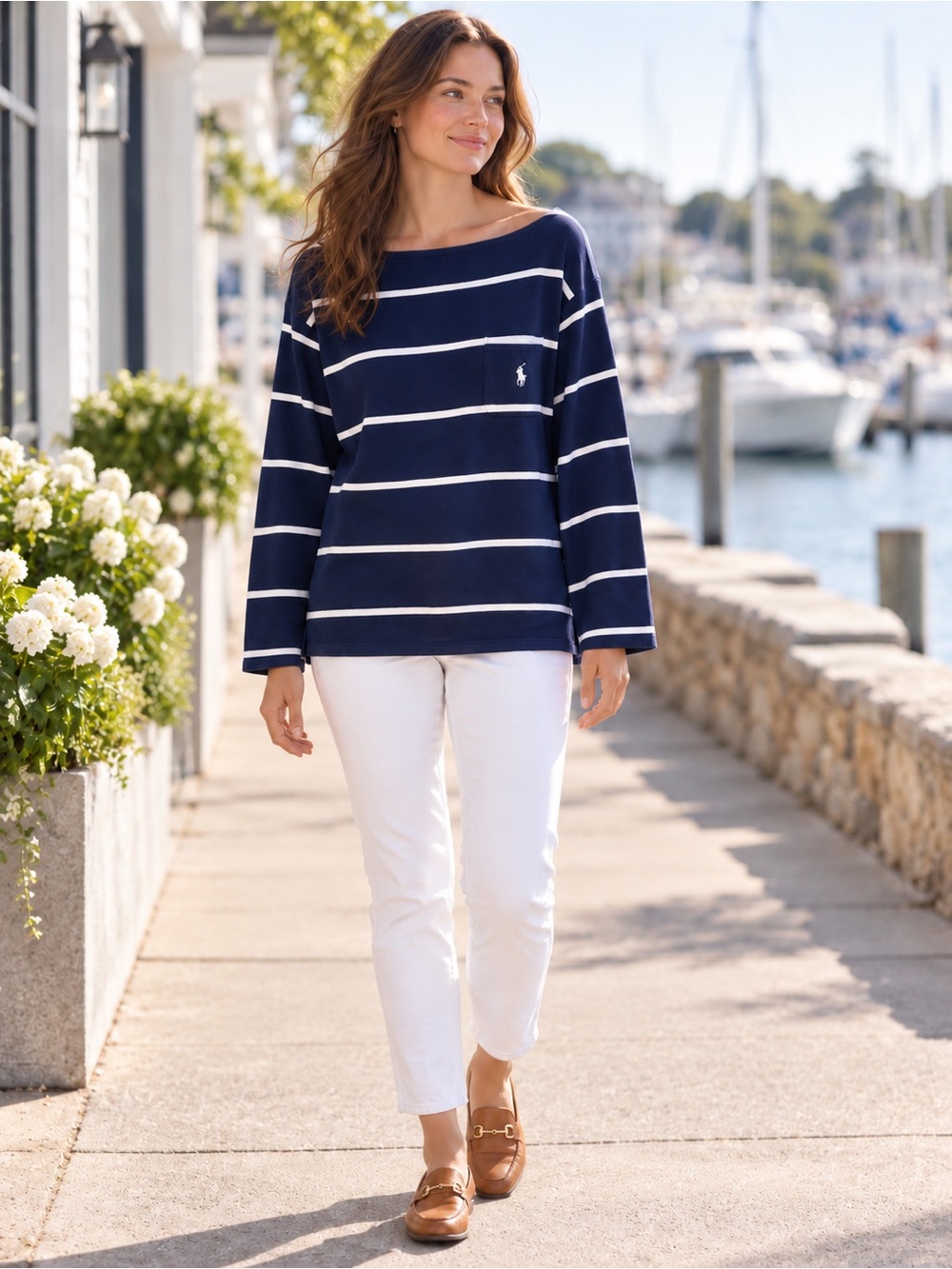 Polo by Ralph Lauren Navy Stripe Boatneck Long-Sleeve Top Size XL
